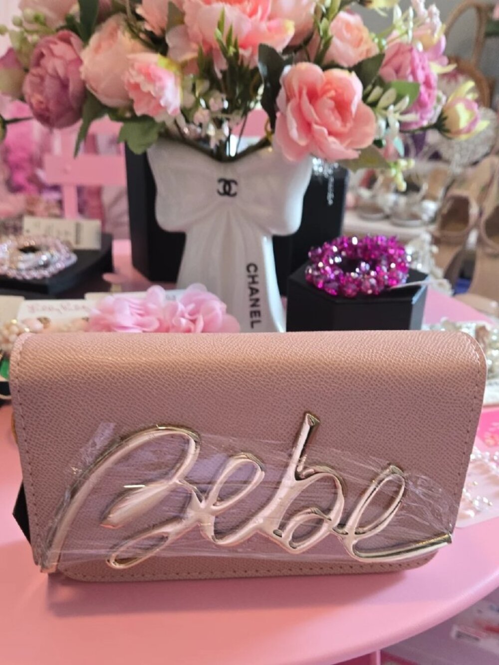bebe Gabrielle Gold-Accent Pink Vegan Crossbody Bag